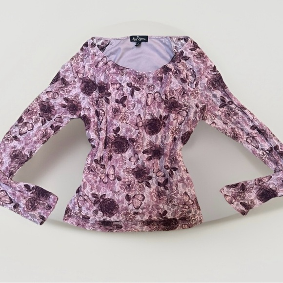 Vintage Y2K Self Esteem Longline Slim Fit Purple Mesh Butterfly Floral Top Small - Picture 1 of 8